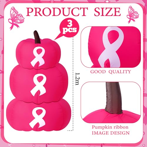 Pink Ribbon Inflatable Pumpkin Decorations - Breast Cancer Awareness Set of 3, 4 Feet Tall