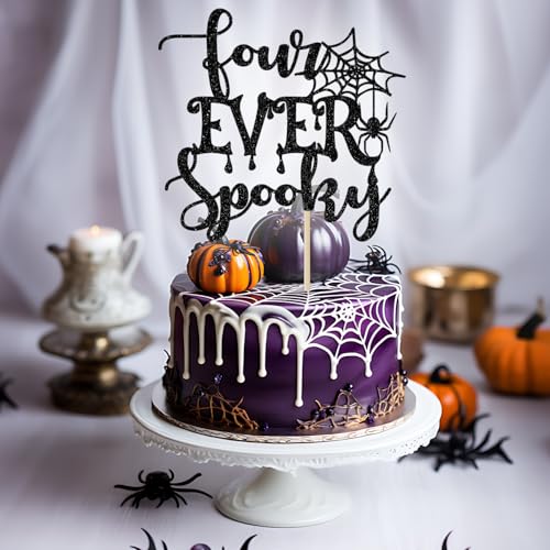 Halloween Spooky Cake Topper - Black Glitter 4th Birthday Decoration