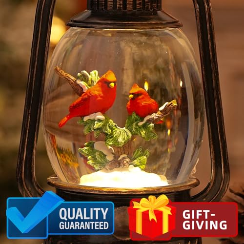 Lighted Musical Cardinal Snow Globe Christmas Decorations - Indoor Lantern with Glitter & 6H Timer - Cardinal Variation