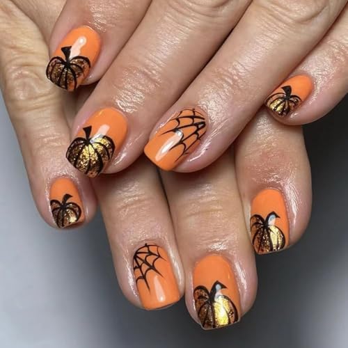 Halloween Press On Nails Medium Gold Pumpkin Design D Nails 4 - Ghost & Spider Web