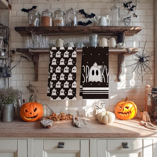 Black Ghost Halloween Kitchen Towels Set of 2 - 18x26 Microfiber Dish Hand Towels