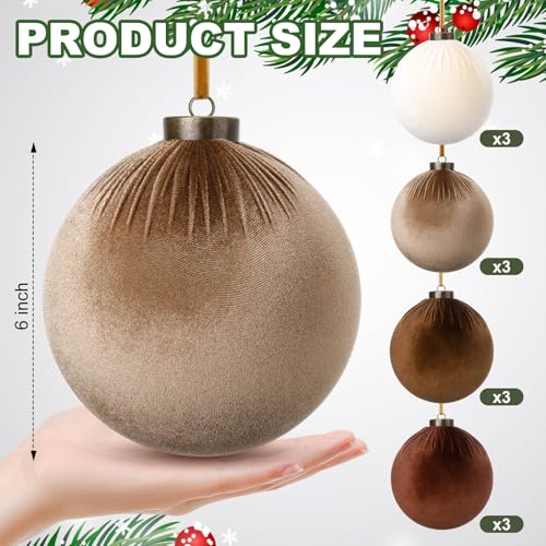 Large Brown Velvet Christmas Balls - 6 Inch Flocked Ornaments, Set of 12