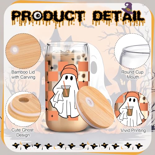 Halloween Ghost Glass Cup 16 oz with Lid & Straw - Ghost Flower Variation