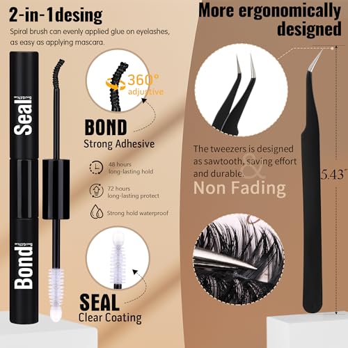 D Curl Lash Clusters Kit for DIY Eyelash Extensions 10-18mm - 300 Pcs with Bond, Seal & Tweezers