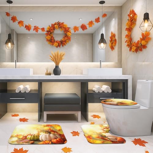 Fall Bathroom Rug Set of 3 - Microfiber, Non-Slip, Absorbent, Thanksgiving Pumpkin Design - Fall 3