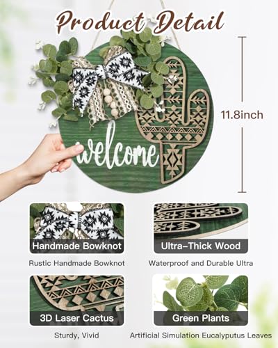 Putuo Decor Cactus Western Aztec Welcome Door Sign 12-Inch Wooden Wreath