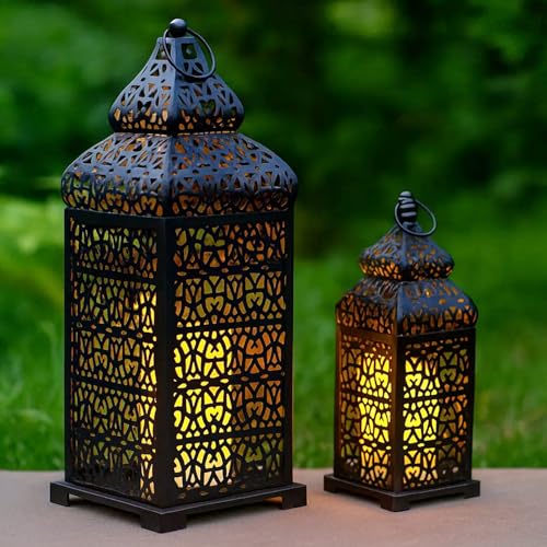 11-Inch and 15-Inch Black Moroccan Candle Lantern Set of 2 - Indoor Decorative Lanterns with Filigree Cutouts