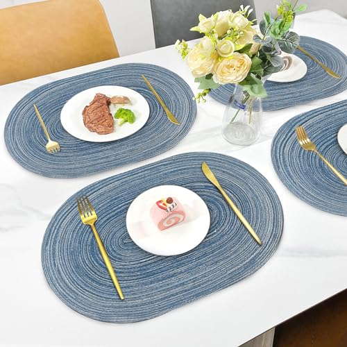 Oval Washable Placemats Set of 6 Blue - Heat-Resistant Table Mats for Indoor & Outdoor Dining