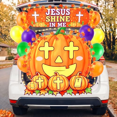 Halloween Pumpkin Car Decorations Kit with LED String Lights & Religious Banner