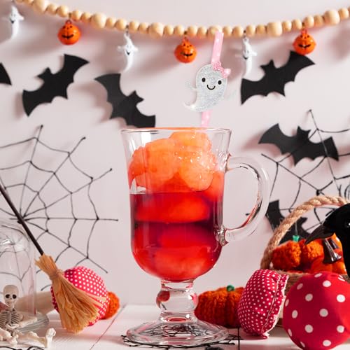 Pink Ghost Halloween Paper Straws - 40Pcs Glitter Ghost Party Drink Staws with Decorations