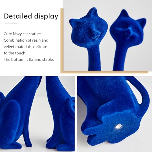 Navy Blue Cat Statue Couple Figurines - Modern Resin Table Decor for Living Room Office