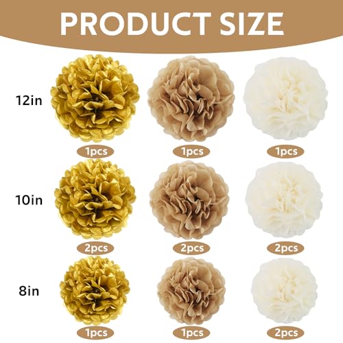 White Gold Tissue Hanging Paper Flower Ball Decorations Set - 13 Packs for Party & Events