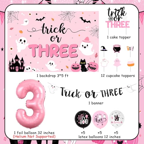 Halloween 3rd Birthday Decorations Kit for Girls Pink Black Ghost Balloons Banner Cake Topper