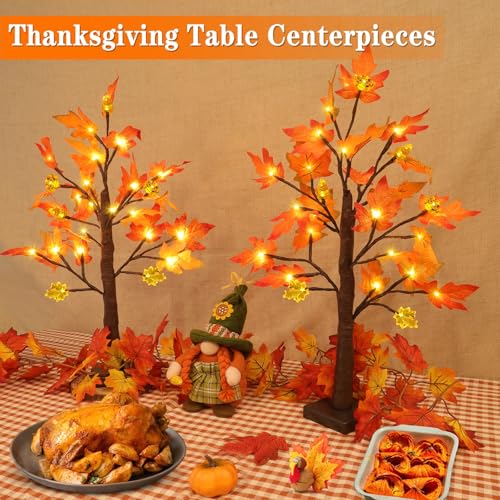 24 Inch Fall Maples Tree Decor Set - 2 Pack Prelit Autumn Trees with LED Lights