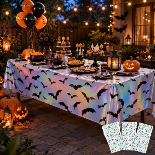 Halloween Iridescent Bat Tablecloth Set - Spooky Foil Decor for Parties