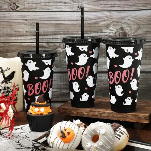 Halloween Ghost Plastic Cups with Straws and Lids - 24oz, Pack of 12 - Ghost Design