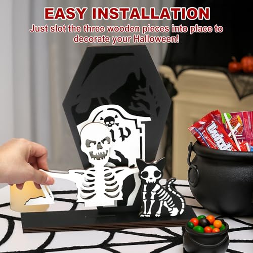 Halloween Indoor Wooden Black Cat Skeleton Centerpiece - Home Table Decor