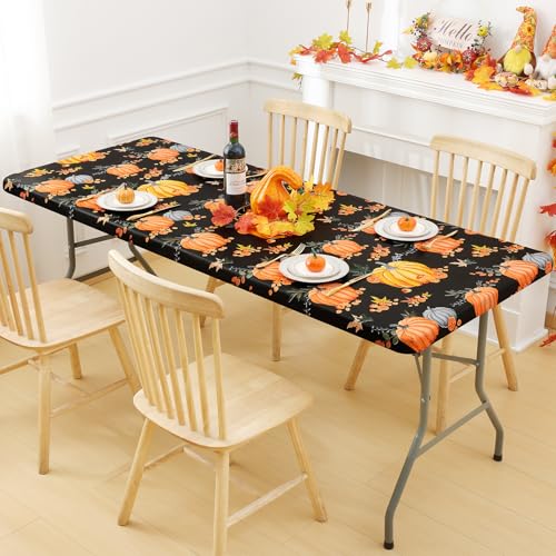 Halloween Fitted Table Cover - 48x24 Inch Vinyl Tablecloth with Flannel Backing - Black & Yellow