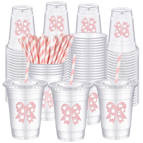 Sliner 16 oz Pink Bow Ghost Plastic Cups with Straw - Halloween Party Supplies, 50 Pack