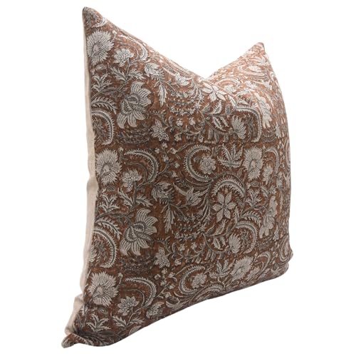 Light Brown 24x24 Linen Block Print Throw Pillow Cover with Zipper - Farmhouse Decor