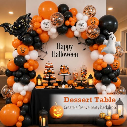 Halloween Balloon Arch Kit Ghost & Bat Foil Balloons 127 Pieces Orange Black White Variation