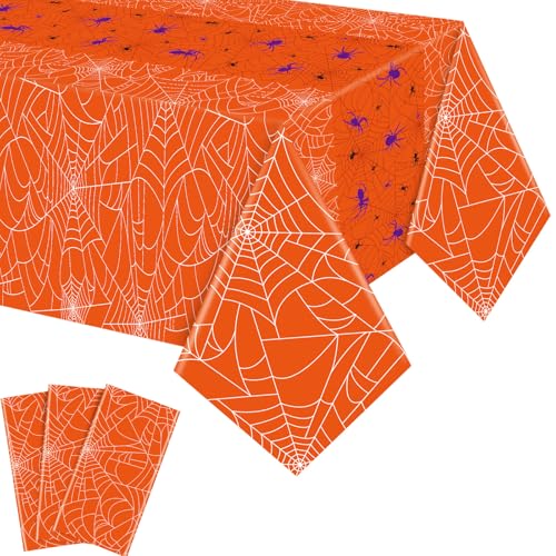Halloween Spider Web Tablecloth - Waterproof Disposable Orange Rectangular Cover 54x108 Inch - 3 Pack