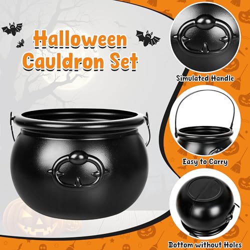 3 Pack Halloween Cauldron Set - Black Plastic Witch Cauldrons for Party Decor