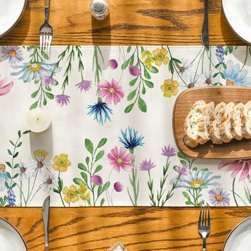 13x90 Inch Floral Table Runner Beige Eucalyptus Lavender Summer Dining Decor
