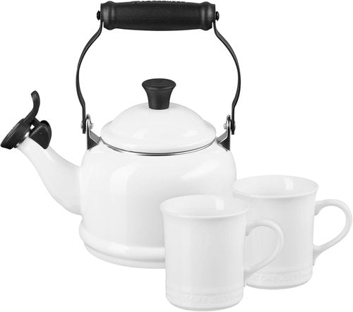 Le Creuset Enamel On Steel Demi Kettle - 1.25 Qt. Kettle & Set of 2 Stoneware Mugs, White