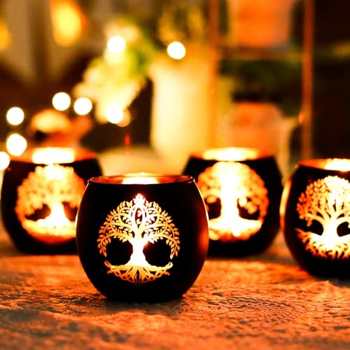 Black Gold Tree of Life Votive Candle Holders Set of 6 - Wedding & Party Decor