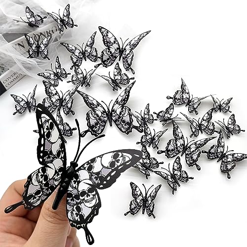 Halloween Butterfly Wall Sticker with Skull Design - Black 3D Decorations, 24 Pcs