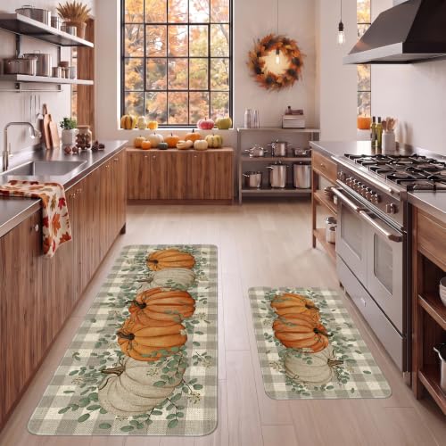 Fall Kitchen Mats Set of 2 - Non Slip Washable Pumpkin Eucalyptus Decor - Yellow Variation