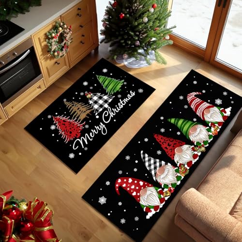 Black Christmas Kitchen Rugs Set of 2 - Festive Gnome & Buffalo Plaid Decor