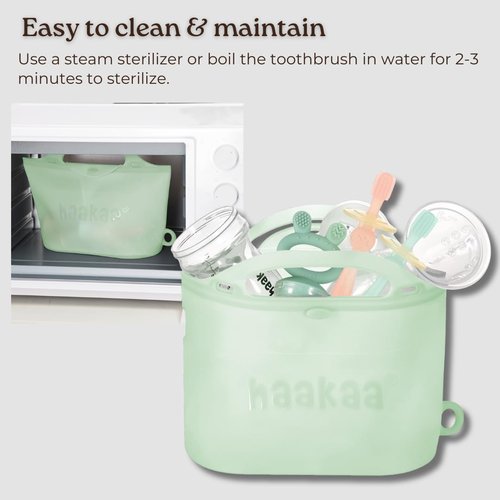 haakaa 360° Silicone Baby Toothbrush – 100% Soft Food Grade Silicone, BPA-Free, Suction Base, Safe for Babies 6 Months+, Gentle Gum and Teeth Cleaning for Infants, Gum Massager (Mist Blue)