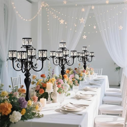 Crystal Candle Holder with Square Bowl - 22-Inch Black 5-Arm Centerpiece for Weddings & Events - Variation: Square-Crystal Bowl