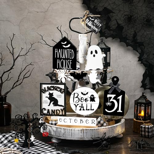 Halloween Tiered Tray Decor Set with Ghost and Bat Wooden Signs - 15 Pieces - Variation: Ghost Bat