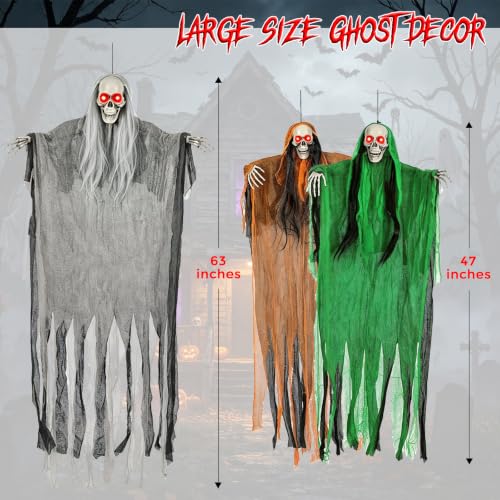 Halloween Hanging Skeleton Ghost Decorations Set with Light Up Red Eyes - Multicolor