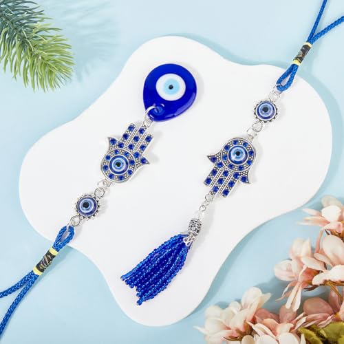 Blue Evil Eye & Hamsa Hand Car Pendant Set - Beaded Rearview Mirror Ornaments for Car & Home Decor