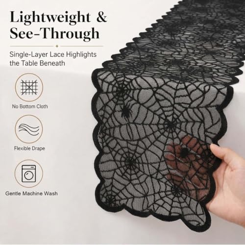 Halloween Black Lace Spider Web Table Runner 13x70 Inch - Spooky Decor