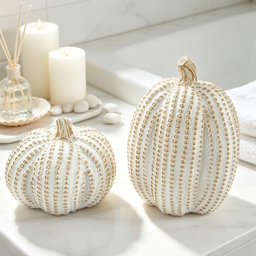 White Gold Pumpkins Decor Set - 2PCS Fall Resin Pumpkin Figurines with Dots & Bead Details - Gold Dots Variation