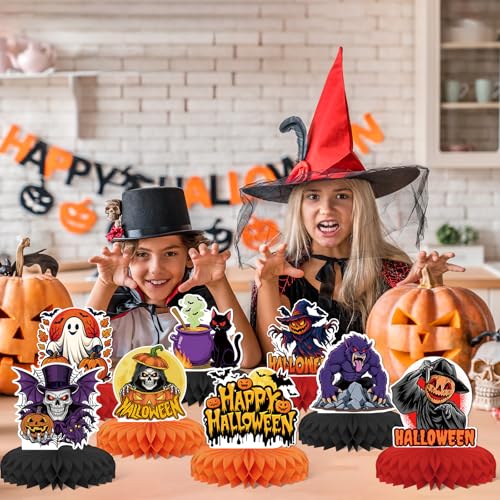 Halloween Honeycomb Table Centerpieces Set - 8 Pack Pumpkin Ghost Cat Decor