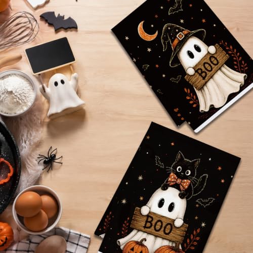 Halloween Kitchen Towels Set - Ghost Boo Hand Towels, 2 Pack, 16x24in - Boo Ghost B Variation