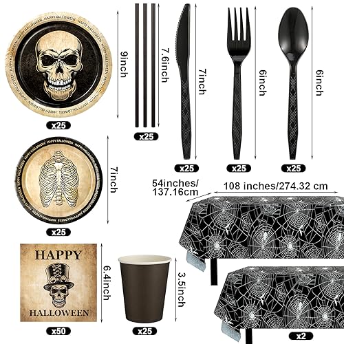 Halloween Skull Party Decorations Set - Gothic Tableware Supplies for 25 Guests