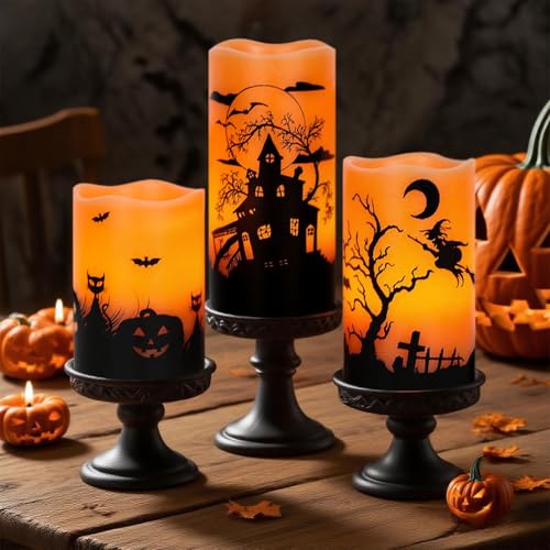 Orange Rechargeable Flameless Candle Set - Halloween Flickering LED with Timer
