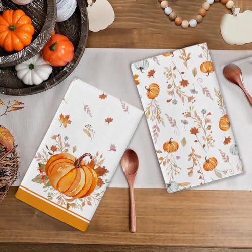 Orange Leaves Pumpkin Fall Kitchen Towels Set - Ultra-Soft Dish Towels, 2 Pack
