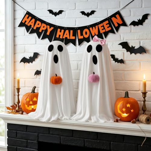 Lighted Ghost Halloween Decorations - Indoor Spooky Spirit Pair with Pumpkins