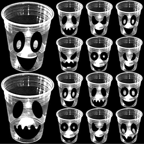 24 Pack Glow Halloween Ghost Cups - 16 oz Spooky Party Supplies - White Ghost Face Design