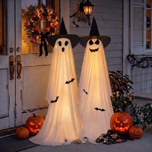 Halloween Ghost Decorations Light Up Ghosts with Tripods - 2 Pack, 59 Inch, Remote Control