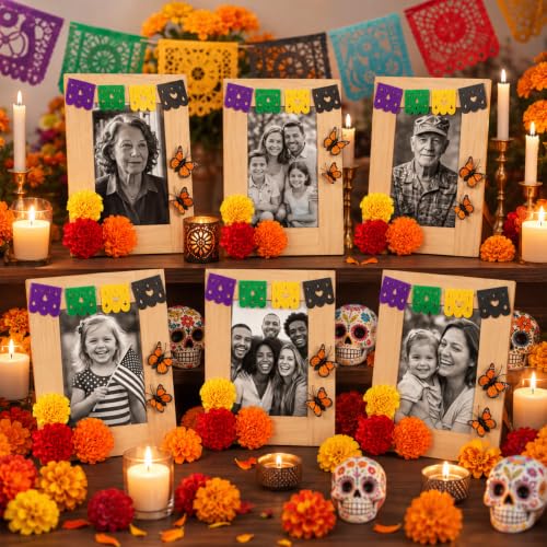 Cute Día de los Muertos Photo Frame Set for Altar - 12 Wooden Frames with Marigold Flowers & Butterflies