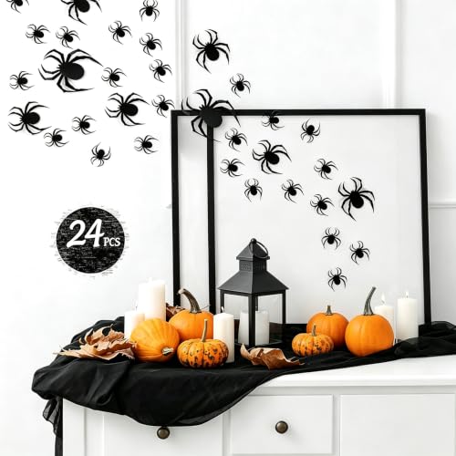 Halloween Spider Wall Stickers Set - 24pcs 3D Realistic Black Spiders with Foldable Legs - Waterproof Indoor Outdoor Decor - Adhesive Dot Included - Spd01